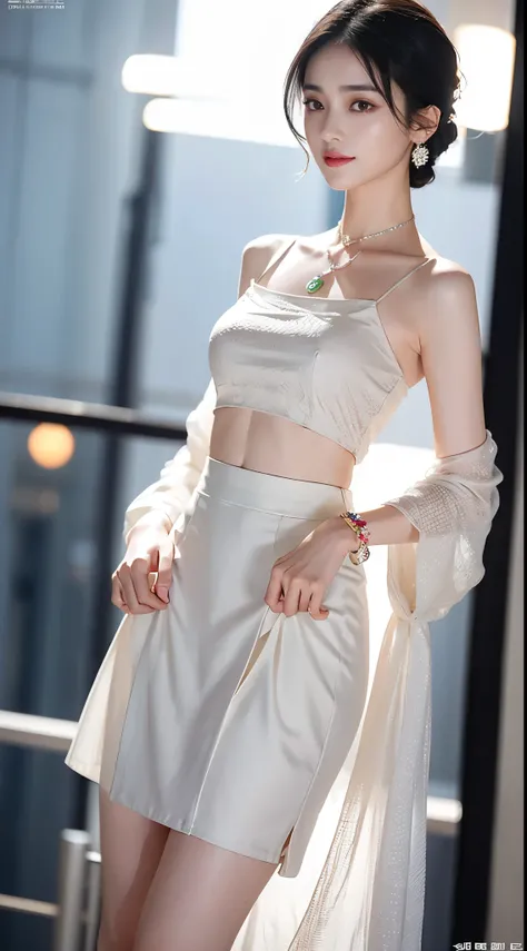 modern hanfu,collarbone,, ((whole body)), ((from below)), ((gufeng,bare shoulders)), ((The skirt is short)),((Leaking beautiful legs)), clear face, pretty face, 8k, masterpiece, original photo, best quality, detail:1.2,lifelike, detail, Very detailed, CG, ...