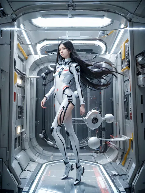 (((RAW image quality:1.4))), Beautiful slender woman with long legs、14 years old, Japanese, (beautiful and well-shaped face:1.4)、floating long black hair、smooth legs、Balanced slender body、Full body Esbian、no gravity、space suit that sticks to the body、Insid...