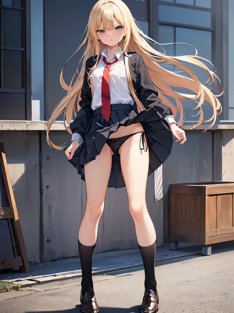 (masterpiece、highest quality、High resolution、realistic pictures、real looking skin、beautiful eyes、shining eyes:1.1)、
1 Japanese girl、alone、Full body Esbian、blonde、long hair、flowing hair、high school girl、bad、black loafers、
(Long collar shirt、Uniform Pleated ...