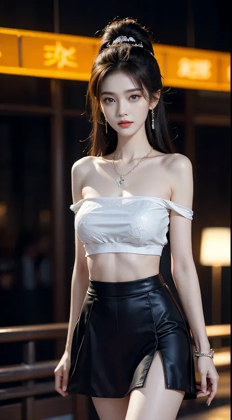 ((whole body)), ((from below)), ((gufeng,bare shoulders)), ((The skirt is short)),((Leaking beautiful legs)), clear face, pretty face, 8k, masterpiece, original photo, best quality, detail:1.2,lifelike, detail, Very detailed, CG, unity, wallpaper, depth of...