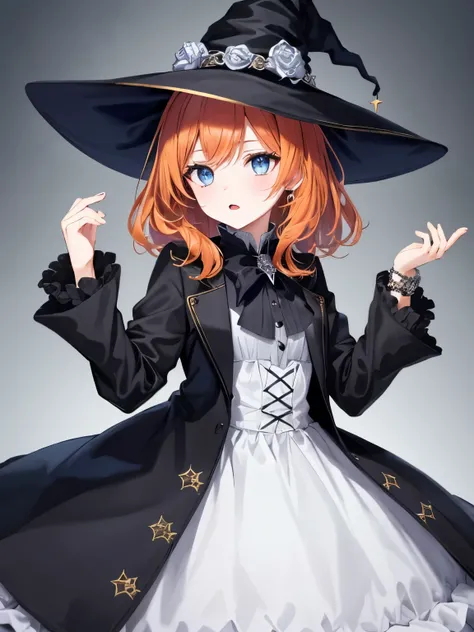 1girl, orange hair, blue eyes, pale skin, gothic lolita, medium hair, witch dress, black dress, white dress, witch hat, bracelets, accessories, waistcoat, turmoil, gothic, european, victoria, (light smile:0.4)