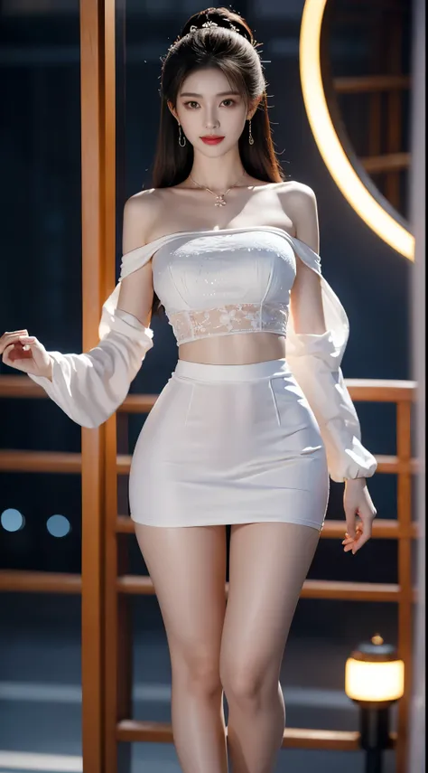 gufeng,bare shoulders, ((whole body)), ((from below)), ((gufeng,bare shoulders)), ((The skirt is short)),((Leaking beautiful legs)), clear face, pretty face, 8k, masterpiece, original photo, best quality, detail:1.2,lifelike, detail, Very detailed, CG, uni...