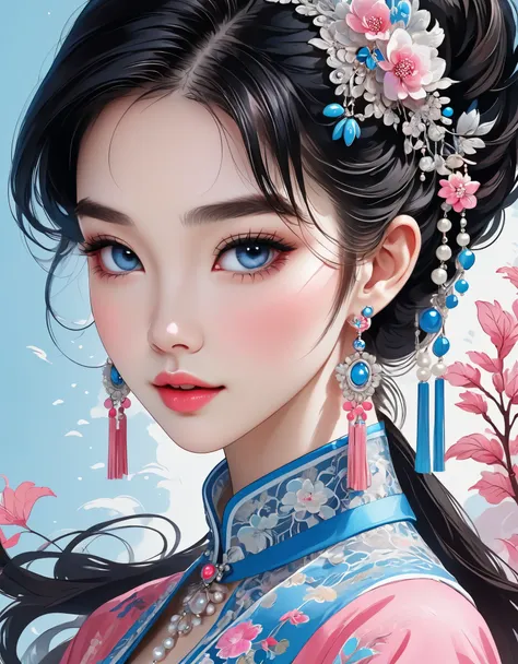 flying veil covers the face of beautiful modern chinese girl，pearl ear-rings，long eyelashes and pink lips，face close-up，clean fa...