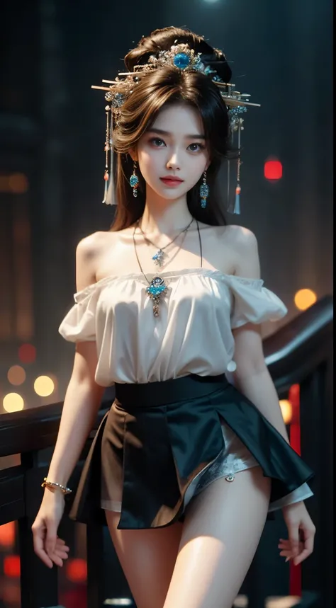  ((whole body)), ((from below)), ((gufeng,bare shoulders)), ((The skirt is short)),((Leaking beautiful legs)), clear face, pretty face, 8k, masterpiece, original photo, best quality, detail:1.2,lifelike, detail, Very detailed, CG, unity, wallpaper, depth o...