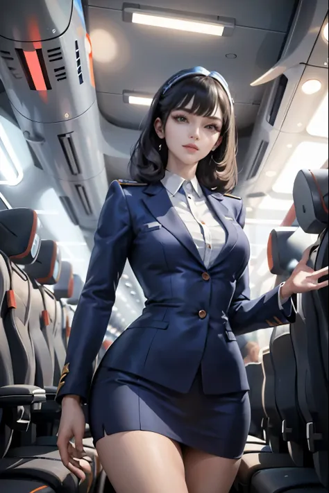 (masterpiece:1.2, highest quality), 1 female, alone, flight attendant, tight uniform, perfect hands, plane, services for passeng...