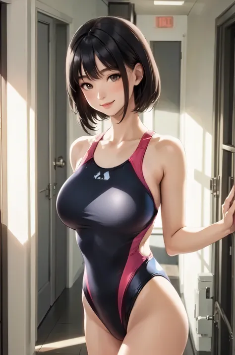 1lady solo, standing, (competition swimsuit:1.2) stylish, mature female, /(black hair/), blush kind smile, (masterpiece best quality:1.2) delicate illustration ultra-detailed, large breasts BREAK (gymnasium hallway) indoors, simple wall, detailed backgroun...