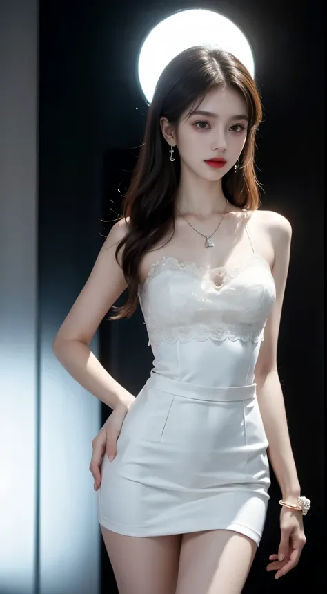 ((whole body)), ((from below)), ((bare shoulders)), white shirt, black pleated skirt, jk, black stockings, clear face, pretty face, 8k, masterpiece, original photo, best quality, detail:1.2,lifelike, detail, Very detailed, CG, unity, wallpaper, depth of fi...