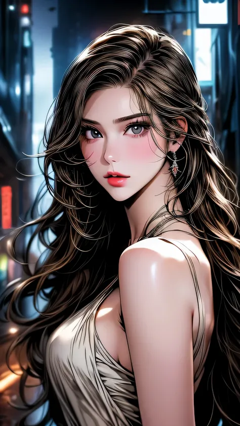 Photo of a 25 year old European girl posing, to be born, Beautiful woman, (super long wavy brown hair), ((portrait)), ((get used to it face:1.2)), ((get used to it facial features)), (finely get used to it skin), white skin, (White short dress), cyberpunk ...