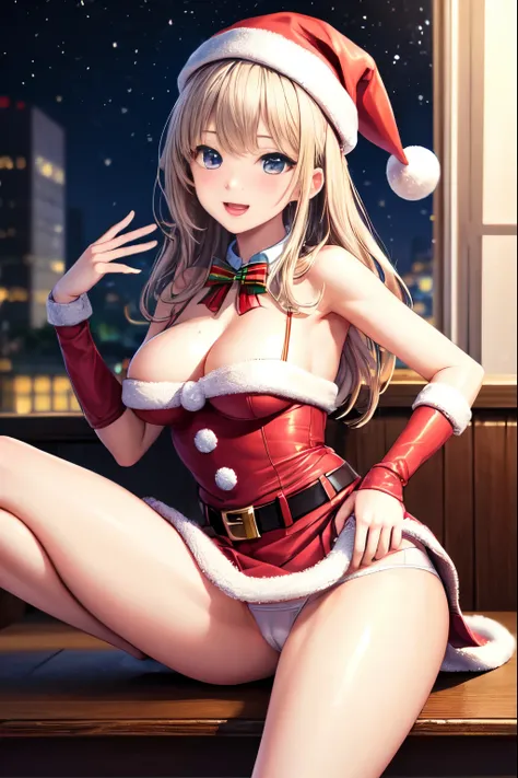 ((highest quality)), ((masterpiece)), (Detailed miniskirt Santa),Squeeze with your left hand、white panties、（white panties:1.3） perfect face、beautiful breastini skirt、Wear only miniskirt Santa dress、spread her legs、show white panties,sexy