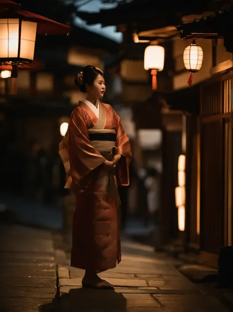 On the streets of Kyoto during the shogunate era，On the bluestone road beside the street，There is a Japanese girl，wearing kimono，light from the side，early morning，warm tones