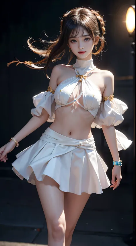 yuicere,midriff,white_skirt, ((whole body)), ((from below)), ((gufeng,bare shoulders)), clear face, pretty face, 8k, masterpiece, original photo, best quality, detail:1.2,lifelike, detail, Very detailed, CG, unity, wallpaper, depth of field, movie light, l...