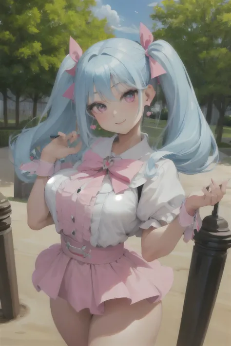 (masterpiece, best quality, high quality, highres:1.2), ultra high res, absurdres, sharp focus, detailed, cowboy shot, sfw, cute,
1girl, (light blue hair:1.1), (medium long hair:1.1), twintails, (pink eyes:1.1), thick eyelashes, (finely-detailed eyes:1.1),...