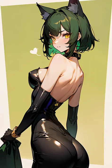 Cute girl, short dark green hair, yellow eyes, cat ears, cat collar, medium breasts, beautiful slim waist, big and tempting ass. 