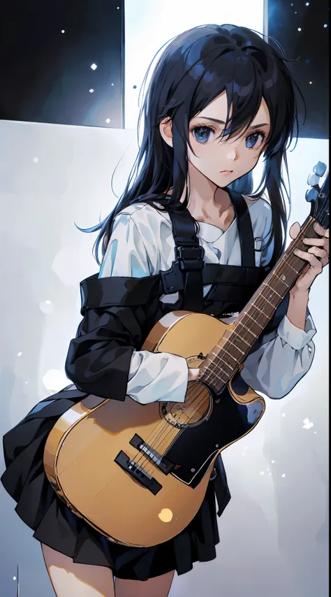 28 years old、black hair messy hair、precision 6 string acoustic guitar:1.2、Anatomically correct fingers、acoustic guitar、Only 1 guitar、Please look straight ahead and sing、(Turn your face forward:1.2)、Christmas、Holy Cloth、mini skirt，Female Kirito，long hair，wh...