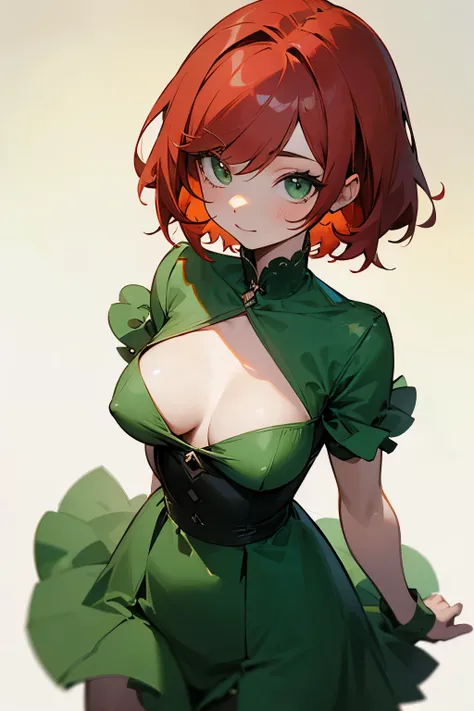 Cute girl, short red hair, green dress, medium-sized breasts 