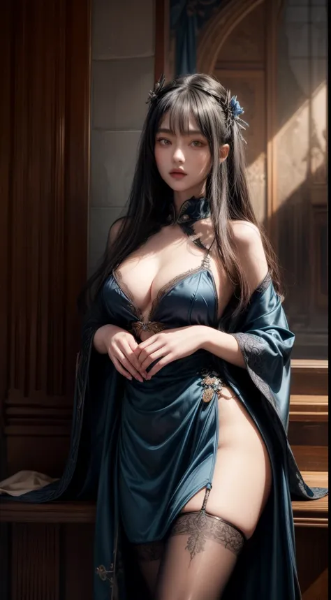 Gothic warrior queen wearing dark aqua blue kimono robe and midi skirt, satin, fur, (stockings), Decolletage, natural breasts, Because I&#39;m slender, zettai ryouiki, medium length hair, Beautiful detailed golden eyes, portrait, most realistic, highest qu...