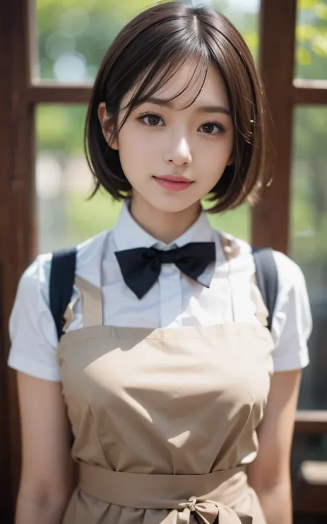 cute 21 year old japanese、apron, black bow tie、Waiter、Cafe、super detail face、pay attention to details、double eyelid、beautiful thin nose、sharp focus:1.2、Beautiful woman:1.4、(light brown hair,short hair、),pure white skin、highest quality、masterpiece、ultra hig...