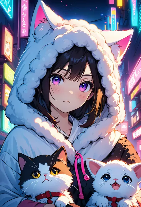 portrait, Cute cat and puppy wearing sheep clothes, low light, Grumpy, Neon lights in a city at night 8k