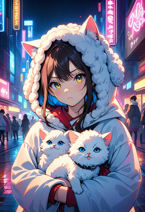 portrait, Cute cat and puppy wearing sheep clothes, low light, Grumpy, Neon lights in a city at night 8k