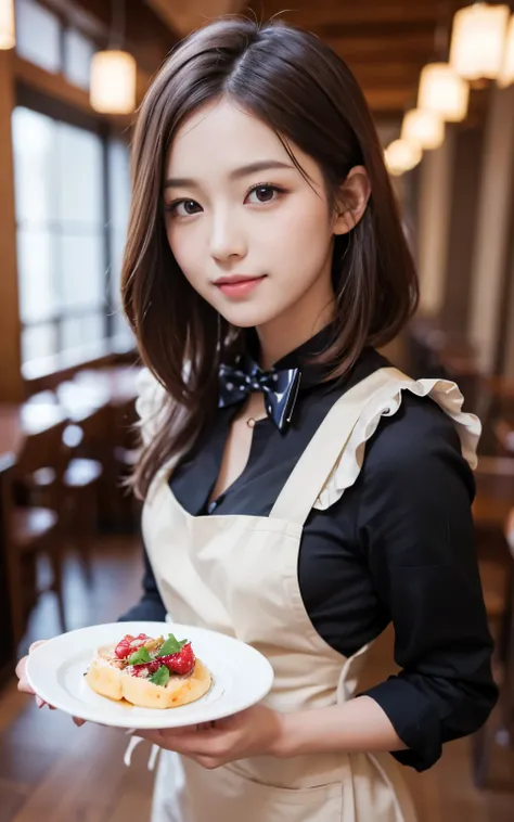 cute 21 year old japanese、apron, black bow tie、Waiter、Cafe、super detail face、pay attention to details、double eyelid、beautiful thin nose、sharp focus:1.2、Beautiful woman:1.4、(light brown hair,short hair、),pure white skin、highest quality、masterpiece、ultra hig...