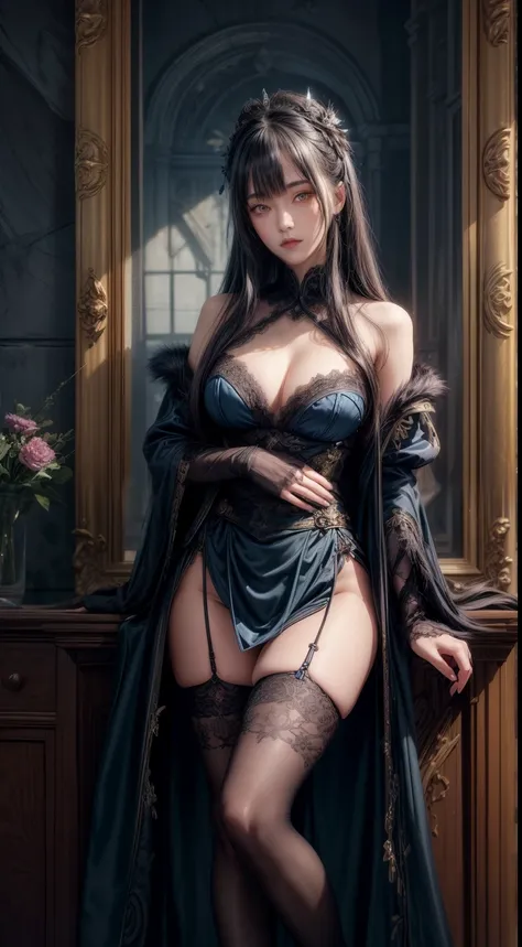 Gothic warrior queen wearing dark aqua blue kimono robe and midi skirt, satin, fur, (stockings), Decolletage, natural breasts, Because I&#39;m slender, zettai ryouiki, medium length hair, Beautiful detailed golden eyes, portrait, most realistic, highest qu...