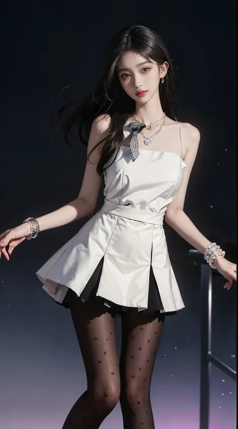 dating attire, bow, jacket, skirt, pantyhose, bow socks, black footwear,  ((whole body)), ((from below)), ((gufeng,bare shoulders)), clear face, pretty face, 8k, masterpiece, original photo, best quality, detail:1.2,lifelike, detail, Very detailed, CG, uni...