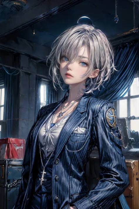 cinematic lighting、highest quality,A bright cyberpunk world、1 female、(20 year old beautiful woman、Detailed beautiful facial 、short blue hair、shoulder length hair、blue eyes:1.4)break,medium hair、（暗くblue hair:1.5）
break
 (Close-fitting dark blue jacket blaze...