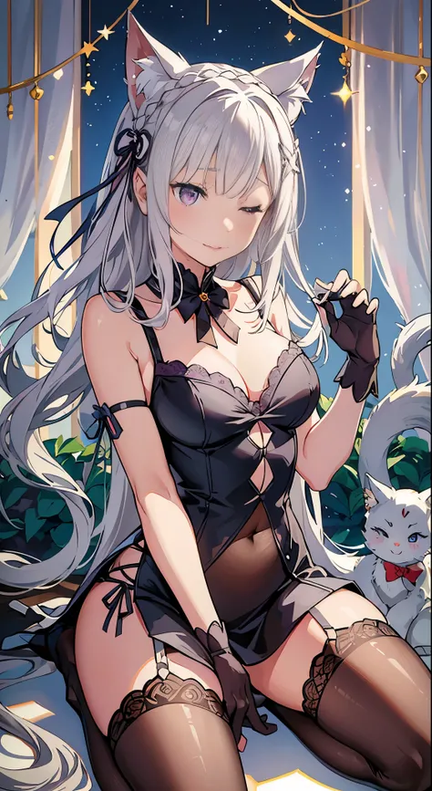 smiling character,Focus on the character’s back and profile,eyes lightly closed, protagonist aperture, Scene depth of field+1,Dare to let go of background,Highlight the characteristics of the protagonist,Catgirl, Young girl, Cute, Soft body, White hair, Em...