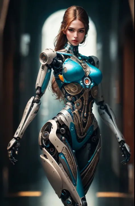 Woman-robot in the big city, high quality, absurdres, masterpiece, beautiful, intricate details, 1/2 body crop, slim body, beautiful figure, magnificent anatomy, (intricate details:1.12), HDR, (intricate details, hyper-detailing:1.15), (natural skin textur...