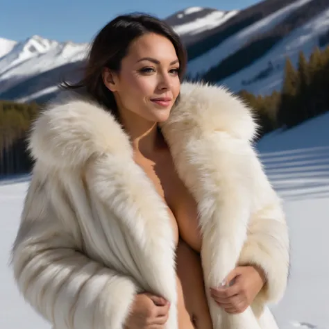 A very long and very thick synthetic fur coat, volumineux et puffy, doux, imitation renard blanc avec un énorme col de fourrure très épais autour de la tête, enveloppant la jeune Chimène Badi , with two huge very swollen bare breasts visible, she is comple...