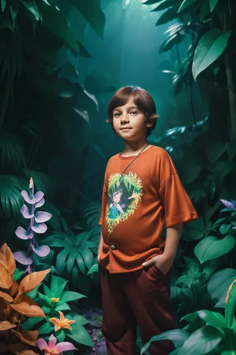 Fairytale Kingdom of Fantasia, Perilin the Night Forest. ((((10-year-old)) Bastian Balthazar Bux)), shy, fat boy, lively eyes. ((((casual clothings from the 1970s)))), ((dark chestnut hairstyle of the 1970s)). ((amazed expression)), in a (((colorful jungle...