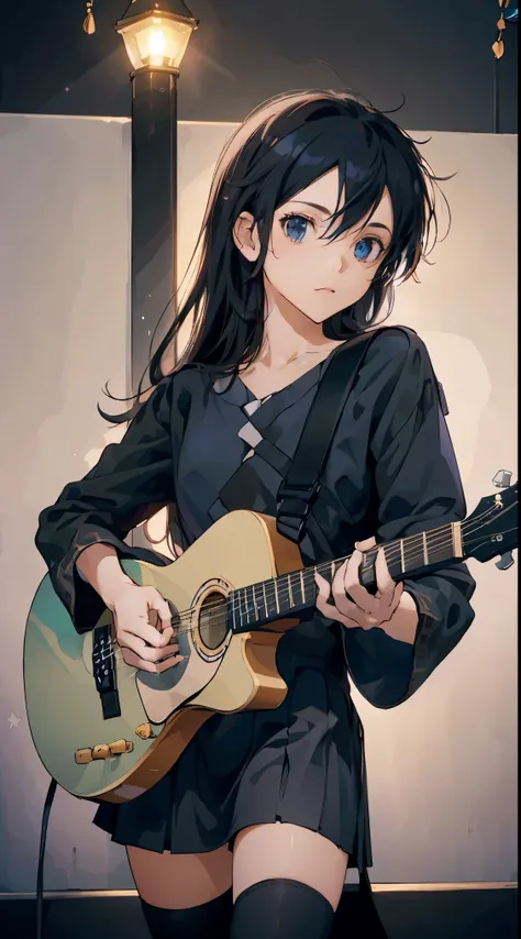 28 years old、black hair messy hair、precision 6 string acoustic guitar:1.2、Anatomically correct fingers、acoustic guitar、Only 1 guitar、Please look straight ahead and sing、(Turn your face forward:1.2)、Christmas、Holy Cloth、mini skirt，Female Kirito，long hair，bl...