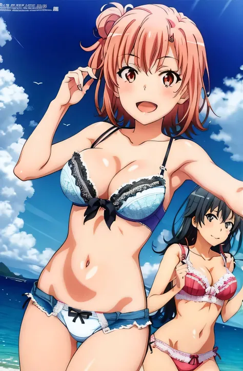 2 girls , Yukinoshita Yukino , Yuigahama Yui , Yuigahama Yui has big breasts, waltz dance ,Ocean, Yuigahama Yui pink lace bra and shorts,5Yukinoshita Yukino in white lace bra and panties,(high leg panties),high angle,looking at the camera,smile