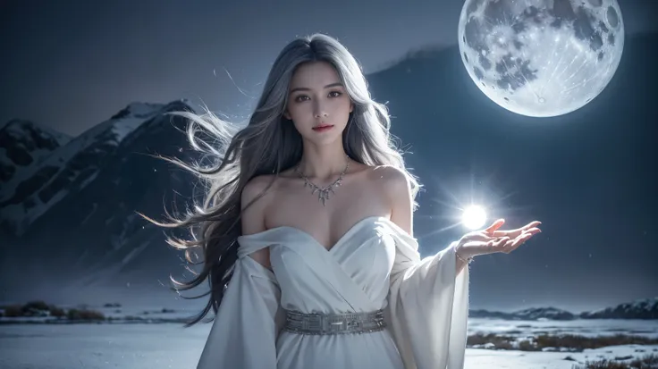 (Masterpiece, best quality:1.2),1 girl, upper body,tail, large tail, white hair, my hair is very long, Elegant bust , Wavy hair, gray eyes, smile a little, detailed eyes, colorful hair, circle, bead necklace, black coat, white dress, hip vents, Pelvic curt...