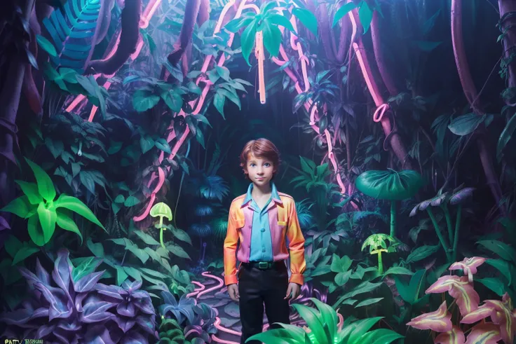 Fairytale Kingdom of Fantasia, Perilin the Night Forest. ((((10-year-old)) Bastian Balthazar Bux)), shy, lively eyes, ((amazed and excited expression)). ((((german fairytale prince clothings)))), ((dark chestnut hairstyle of the 1970s)). in a (((((colorful...