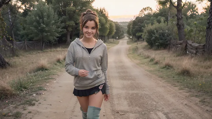 A girl in a dark hoodie, green sport top, on a dark forest path in the late evening, facing the viewer, seductive smile, waving to greet the viewer, peeing on the forest path, cute, small, girl, brown hair, emwts, ponytail, short grey socks and brown treck...