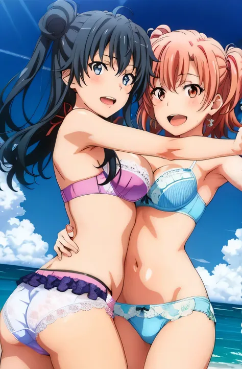 2 girls , Yukinoshita Yukino , Yuigahama Yui , Yuigahama Yui has big breasts, waltz dance ,Ocean, Yuigahama Yui pink lace bra and shorts,streaks,Yukinoshita Yukino in white lace bra and panties,(high leg panties),,Low - Angle,looking at camera,smile