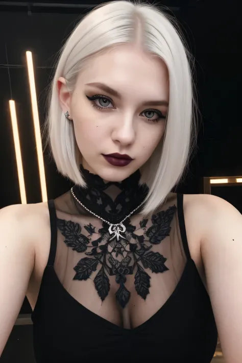 real photo, full-length photo of a 22-year-old Russian woman, ((detailed facial features)), gorgeous face, Grunge style, photo session in the studio, pale skin, ((with black eyeliner)), grainy, (Skin with high detail: 1,2), Pastel Gothic, (white hair with ...