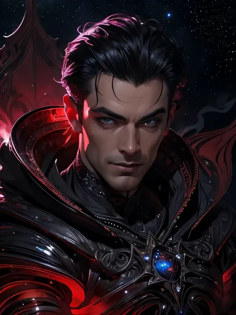 (male villain), vibrant hyper-detailed photorealistic unique whimsical space portrait of a handsome man, all in shining dark black with shining stars, red latex lace lingerie , Spicy, Beautiful Features, Beautiful face, Carol back, fantasy art, Vadim Kashi...