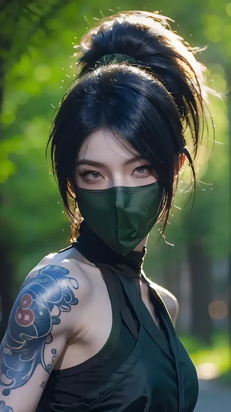 Akali masked shoulder tattoo in League of Legends，one person，wallpaper，Background in the forest，Game character design，high ponytail，Super light sense，female ninja。