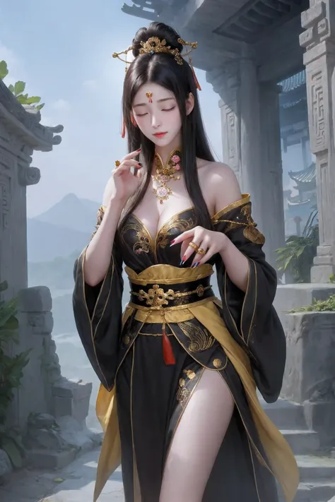 black_hair, 1girl, closed_eyes, long_hair, nail_polish, solo, jewelry,ancient art, chinese,