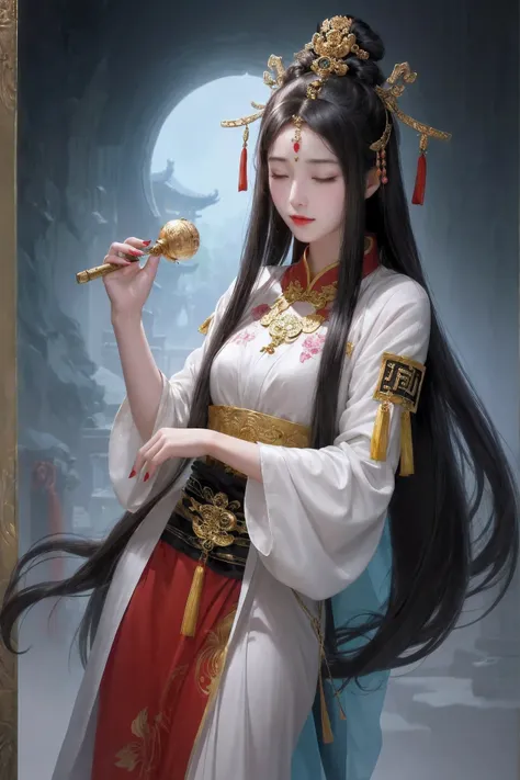 black_hair, 1girl, closed_eyes, long_hair, nail_polish, solo, jewelry,ancient art, chinese,