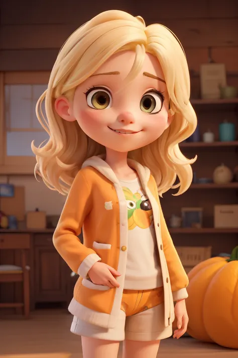 Uma (((personagem))) beautifully drawn girl named Zoe with flowing blonde hair and dressed in a cozy outfit ((laranja em tons quentes)) that complements your characteristics, em poses diferentes, and different features on the face