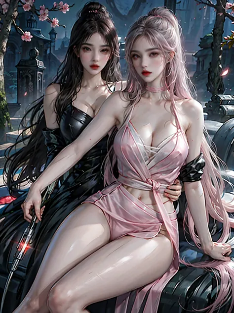 1 female, , naked shirt, side breasts, sexy thighs，Magic wand in hand，pink rose, floral pattern, delicate face, dark pink eyes, faint smile, adult, Big breasts, moonlight sky,night sky background，sea，waves，Cherry blossoms，firefly