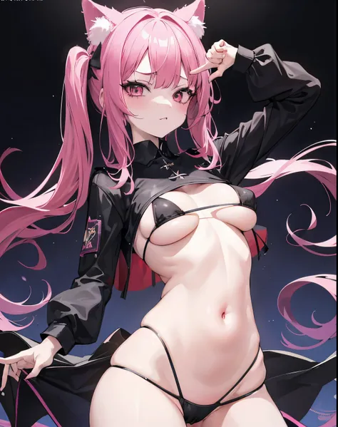 Two dimensions,girl,dance,Pole,dark pink hair,black dress,black cat ears,cyber-,belly button,Sullen face,underboob,tits,Pussy,micro bikini,全裸Pussytits全裸乳首