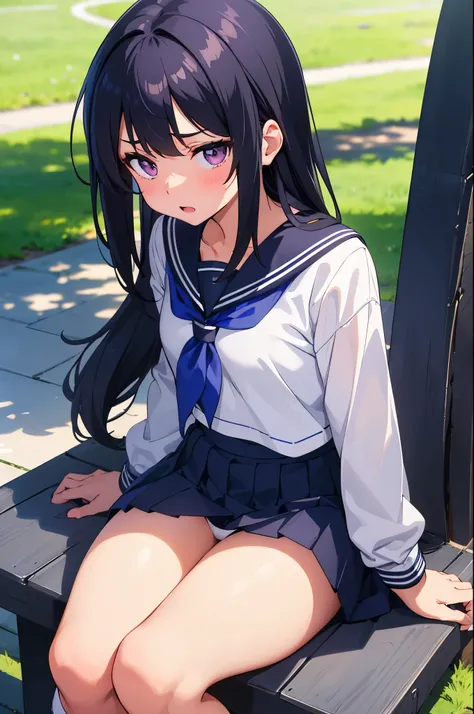 school courtyard　elementary school girl　8-year-old　flat chest　black hair　long hair　eyes are purple　embarrassed look（（1 person））　White upper body long sleeve sailor uniform　Lower body navy blue miniskirt　white panties　She is sitting on a bench and showing h...