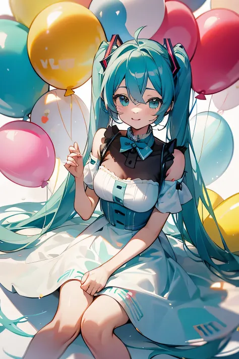 Miku joyeux anniversaire avec des ballons, Miku sitting on the floor choosing a cake&#39;anniversaire