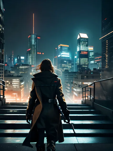 Realistic depiction of a female mechanic walking towards the camera, With strong and confident steps, wearing a futuristic long coat, His arms and face show cybernetic enhancements, Against the backdrop of a cityscape with towering neon buildings, (Dystopi...