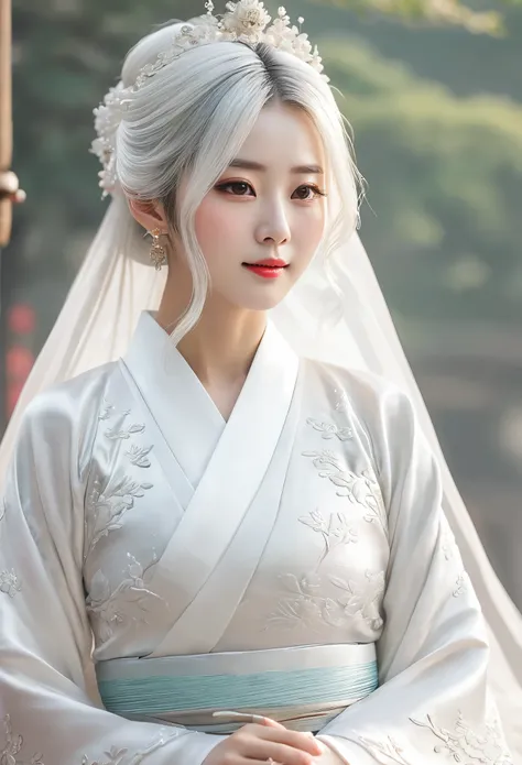 lifelike, high resolution, soft light, 1 female, skin shiny, Delicate skin, alone, Buttocks up, look at the audience, (Detailed face), white hair, long hair, wedding hanfu