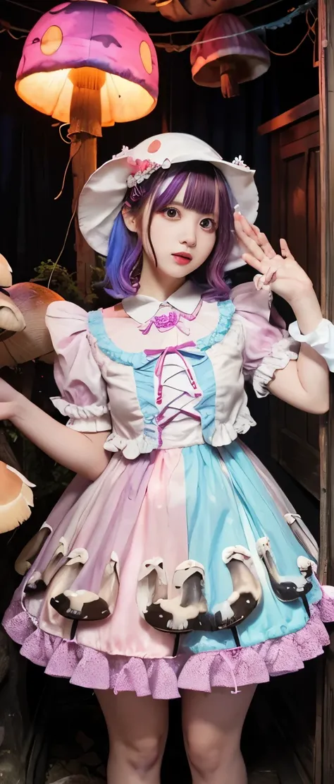 Mushroom-covered horror idol、whole body、good style、、、、、Colorful mushroom covered lolita fashion、full of mushrooms、glowing haunted house、colorful hair